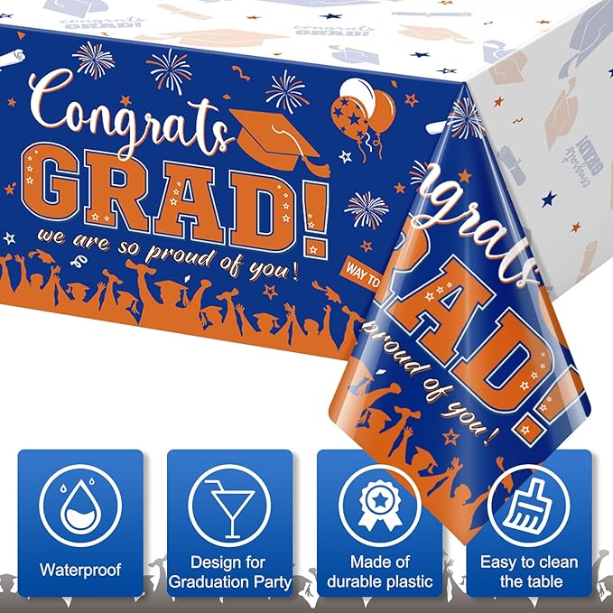 3Pack Graduation Tablecloth Party Decorations, Class of 2026 Congrats Grad Plastic Tablecover Party Supplies, Blue and Orange Rectangle Graduation Table Decor for College High School Party, 54x108Inch