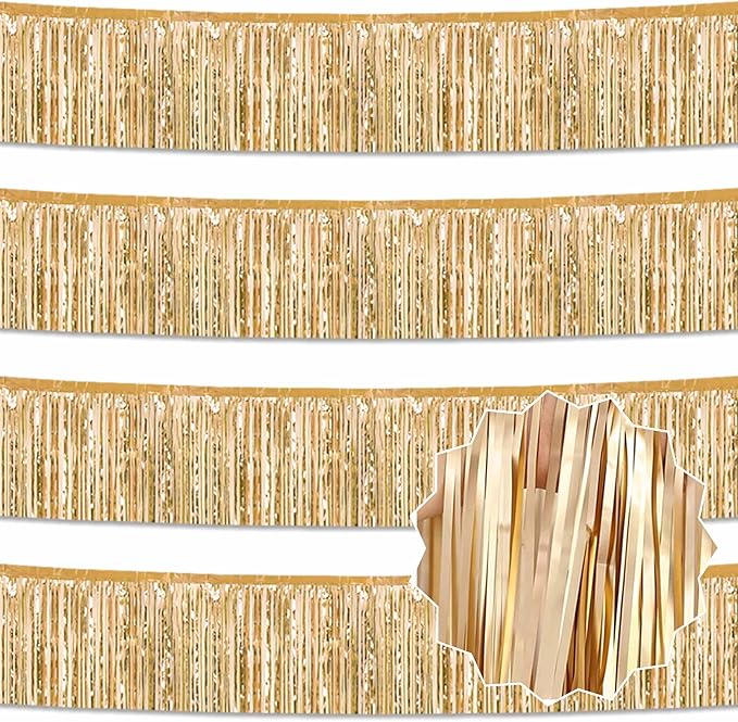 4 Pack 10 Ft Champagne Gold Foil Fringe Garland Metallic Streamers Tinsel Banner Wall Hanging Garland Backdrop for Parade Floats, Halloween, Christmas, Thanksgiving, New Year Party Decorations