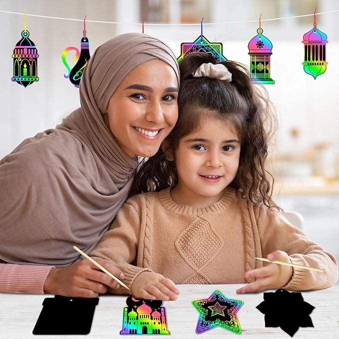 JULMELON 36 PCS Ramadan Crafts for Kids, Rainbow Scratch Paper Art for Kids Ramadan Gifts Eid Mubarak Magic Color Scratch Off Cards for School Classroom Activities DIY Drawing Project Party Favors