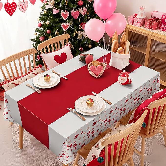 2 Pcs Valentines Plastic Tablecloth 108x54 Inch Love Heart Disposable Table Cloth Red White Rectangle Table Cover for Valentines Day Anniversary Engagement Party Decorations Supplies
