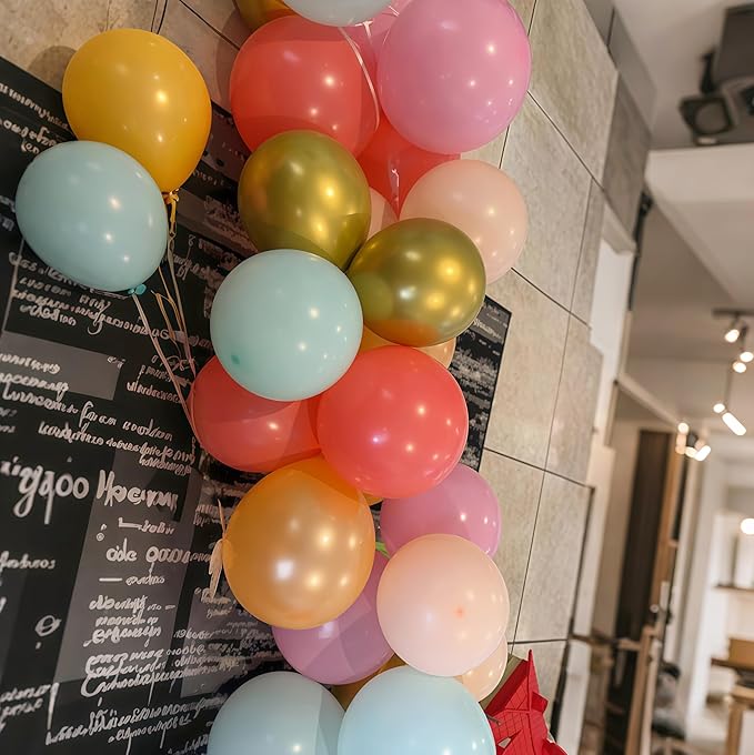 Pastel Balloon Garland Arch Kit, Colorful Coral Red Macaron Pink Orange Mint Teal Blue Champagne Metallic Gold Multicolor Latex Balloons Arch for Girls Birthday Wedding Baby Shower Party Decorations