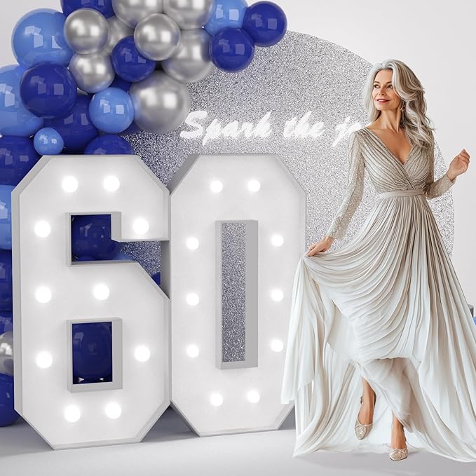 JoyMuse 4FT 60 Marquee Numbers, Large Light Up Numbers 60 for 60th Birthday Decorations Cool White Light Number 60 for Anniversary Birthday Party Decor