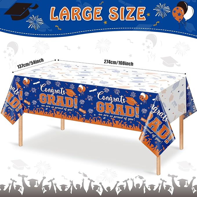 3Pack Graduation Tablecloth Party Decorations, Class of 2026 Congrats Grad Plastic Tablecover Party Supplies, Blue and Orange Rectangle Graduation Table Decor for College High School Party, 54x108Inch