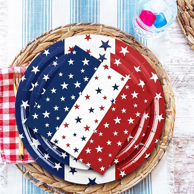 Whaline 96Pcs Patriotic Party Tableware Set with Paper Plate Napkin Cup Red White Blue Star 4th of July Disposable Dinnerware for 24 Guests Independence Day Party Table Decor