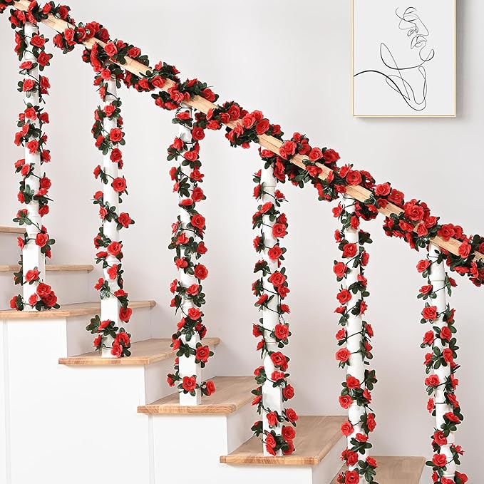 MARTINE MALL Flower Garland Vines, 5 Strands 41Ft With 33 Ft/100 LED String Lights - Rose Decoration for Bedroom, Room, Table, Wedding Decor