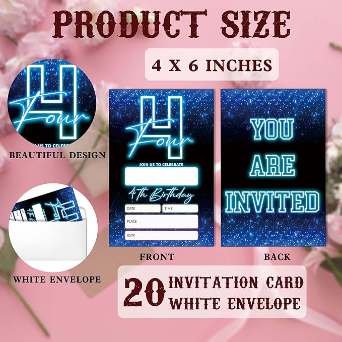 SIXEIGHT Blue 4th Birthday Invitations for Boys, Neon Glow Party Invitations for Girls Kids, 20 Pack Double Sided Invite Cards with Envelopes, 4th Glow Neon Birthday Party Decorations, 4x6 Inch-C04