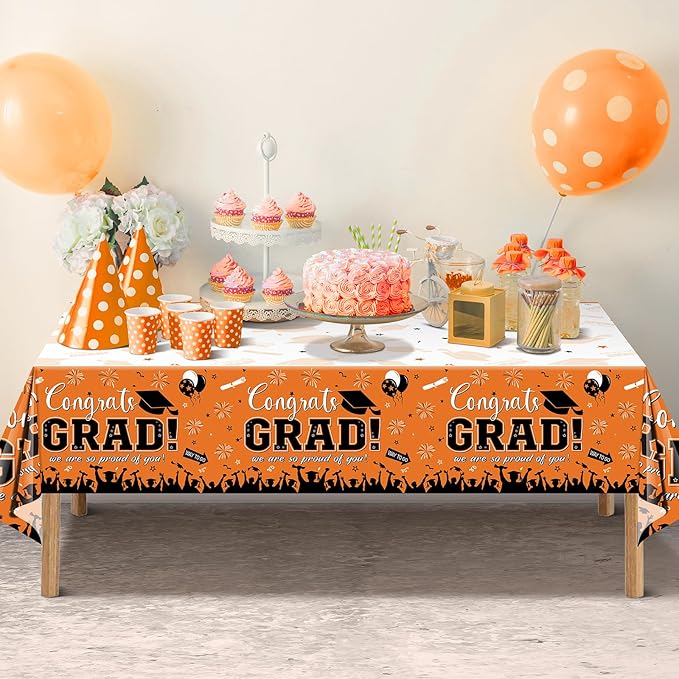 12Pack Graduation Tablecloth Party Decorations, Class of 2026 Congrats Grad Plastic Tablecover Party Supplies, Orange Rectangle Graduation Table Decorations for College High School Party, 54 x 108Inch