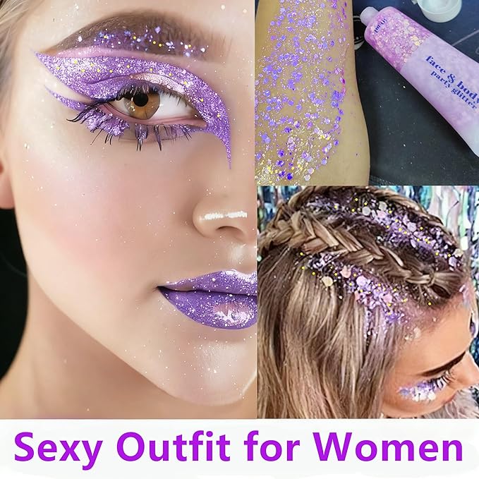 Go Ho Pastel Purple Face Body Glitter,Sparkly Face Glitter Makeup,Light Purple Face Paint Holographic Chunky Sequins Glitters for Eye Lip Hair Nails,Festival Rave Accessories