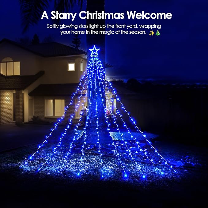 WBao 344 LED Christmas Lights Outdoor Decorations with 12" Star Topper, 11.9ft Waterfall Christmas Lights, Remote Control 8 Modes, 3 Timers, UL Listed Waterproof for Tree Roof Porch Xmas Decor, Blue
