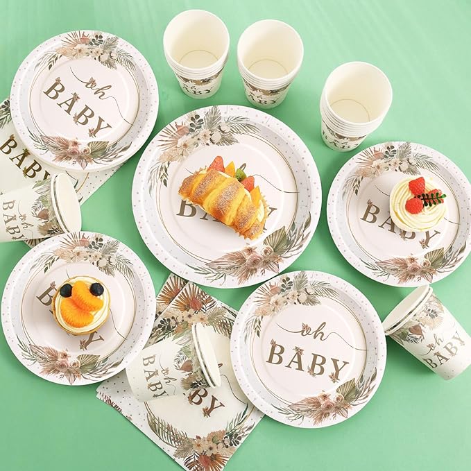 350 Pcs Boho Baby Shower Decorations for Girl, Baby Shower Plates and Cups and Napkins Sets, Oh Baby Plates for Western Sweet Baby Girl, Summer Fall Gender Neutral, Serves 50