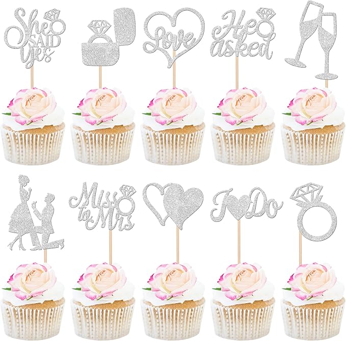 30 PCS He Asked She Said Yes Cupcake Toppers Engagement Cupcake Toppers Miss to Mrs I Do Love Heart Ring Miss to Mrs Cupcake Picks for Wedding Engagement Party Cake Decorations Supplies Silver