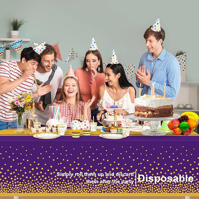 12 Pack Purple and Gold Tablecloth Party Decorations Plastic Purple Tablecloth Printed Gold Table Runner 54 x108 Inch Disposable Rectangle Table Cover for Birthday Wedding Graduation