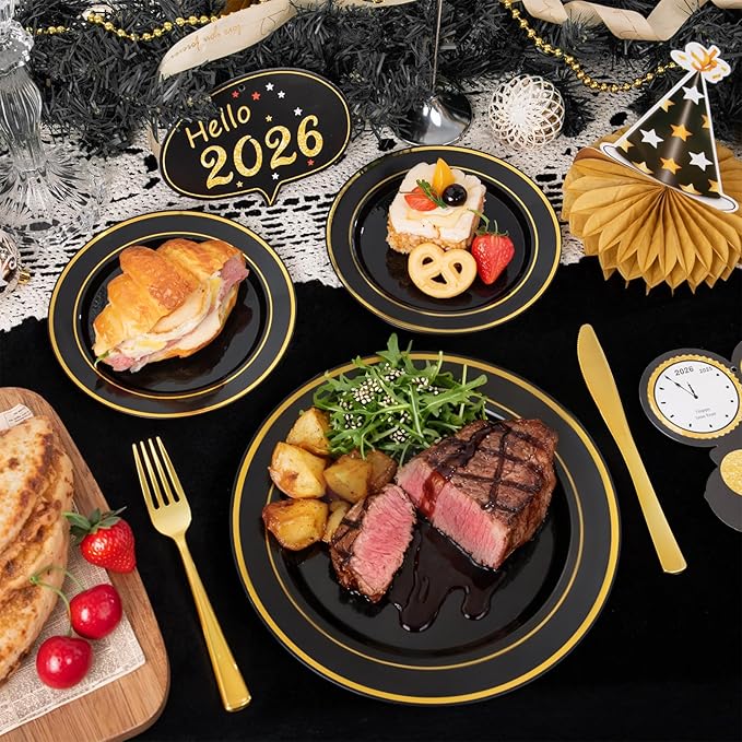 175PCS Black and Gold Plates - Black Disposable Plates for Party - 25Guests Disposable Dinnerware Set for Graduation Wedding Party Birthday