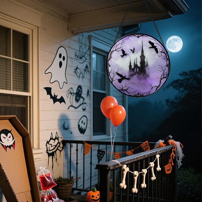 Stained Glass Window Hanging - Halloween Gothic Castle Purple Smoke Suncatcher for Doors Garden Home Spooky Crow Sun Catchers Gothic Decor Horror Gift for Women Men Friend Boy Girl 6.3 in