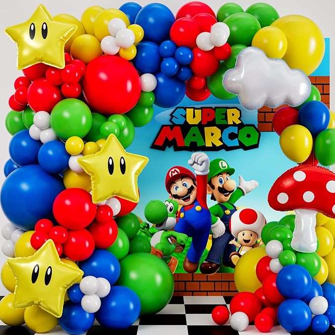 ALL-IN-1 Super Adventure Balloon Arch Kit with BONUS Mushroom, Cloud & Star Balloons for Bros Party Decorations - Red Blue Green Yellow Balloons for Video Game Birthday Decoration & Party Supplies