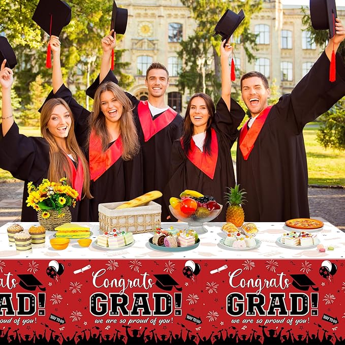 3 Pack Graduation Tablecloth Party Decorations, Class of 2026 Congrats Grad Plastic Tablecover Party Supplies, Red Rectangle Graduation Table Decorations for College High School Party, 54 x 108 Inch