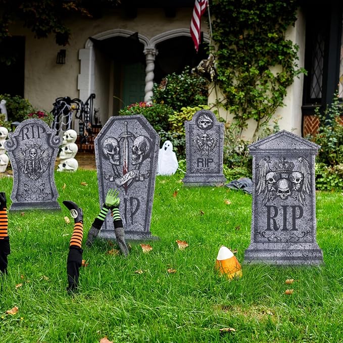 Maxee 4 Pcs 16.2" Halloween Tombstones Decoration with 1 Green Remote Lights(8 Light Modes), 2 Blue Lights(3 Modes), Plastic RIP Grave Yard Signs with 8 Stakes for Grave, Outdoor Garden, Party Decor