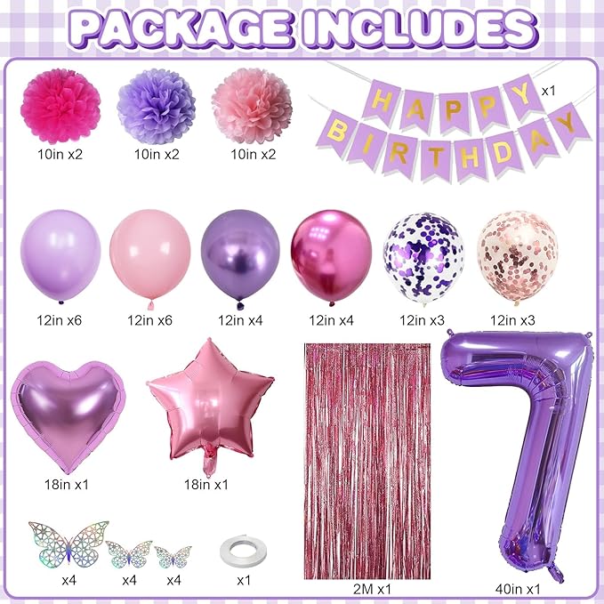 Pink Purple 7th Birthday Party Decorations for Girls Number 7 Balloon Happy Birthday Banner Butterfly Stickers Fringe Curtain Paper Pom Poms Metallic Hot Pink Star Foil Balloons 7 Year Old Princess