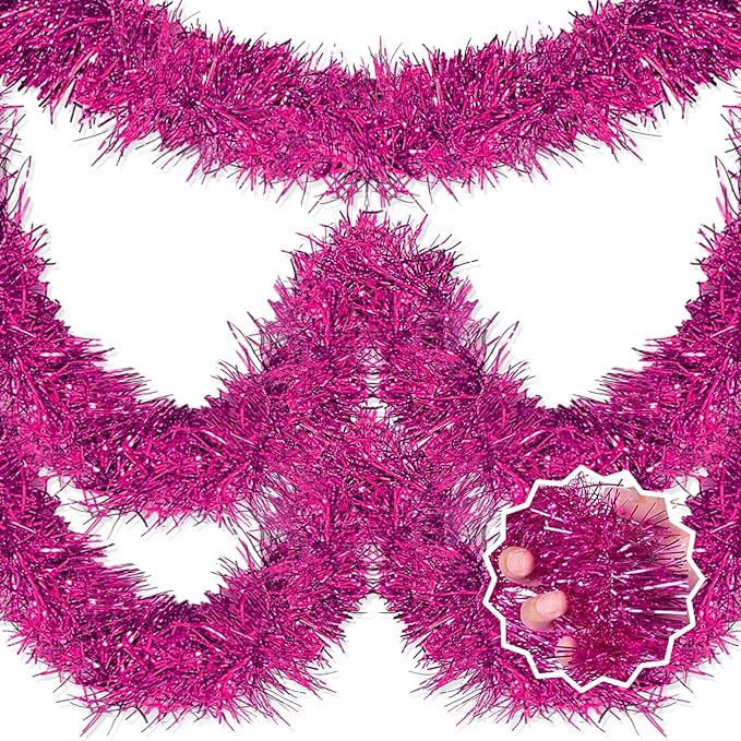 50 Feet Fuchsia Christmas Tinsel Garland, Metallic Foil Twist Banner Wall Hanging Tinsel Streamers Backdrop for Parade Floats, Christmas, Mother's Day, Birthday Party Decorations(2in x 50ft)