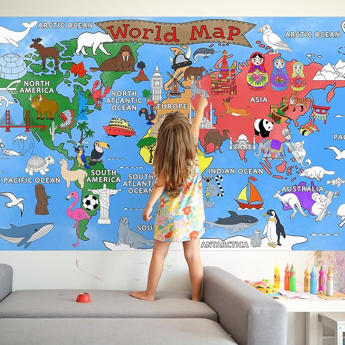 Gatherfun World Map Giant Coloring Poster - 31.5x 72 Inches - Versatile Classroom Wall Décor & Birthday Activity - World Map Poster or Table Cover for School Parties and Special Events