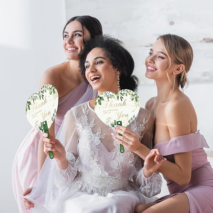 Aneco 120 Pieces Wedding Hand Plastic Fans with Wedding Table Sign Handheld Plastic Fan with Handle for Guests Bulk Wedding Hand Fans for Wedding Ceremony Bridal Shower, Green Leaves