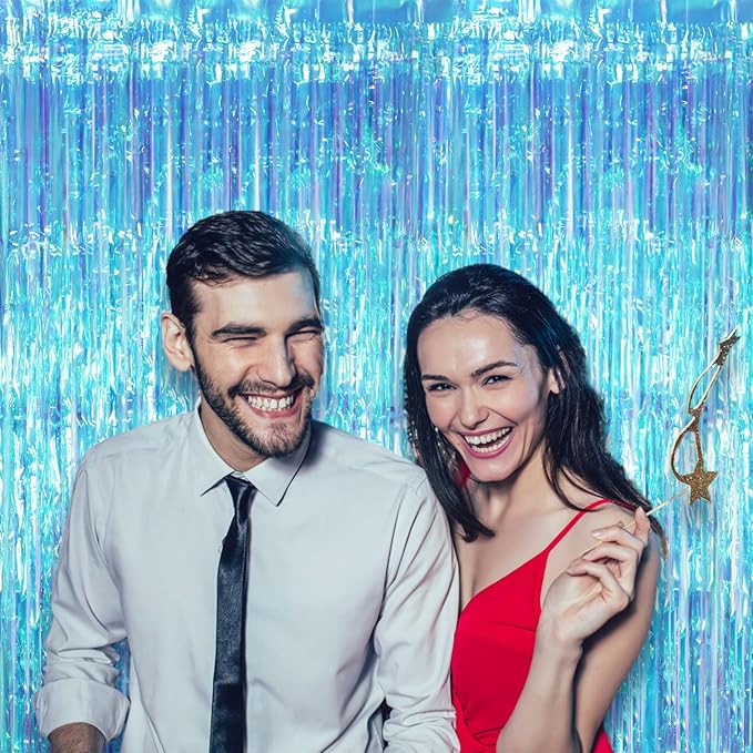 2 Pack Neon Iridescent Tinsel Foil Fringe Curtains, Iridescent Party Decorations, Metallic Tinsel Party Streamers Backdrop for Birthday Baby Shower Graduation Wedding Party Decorations