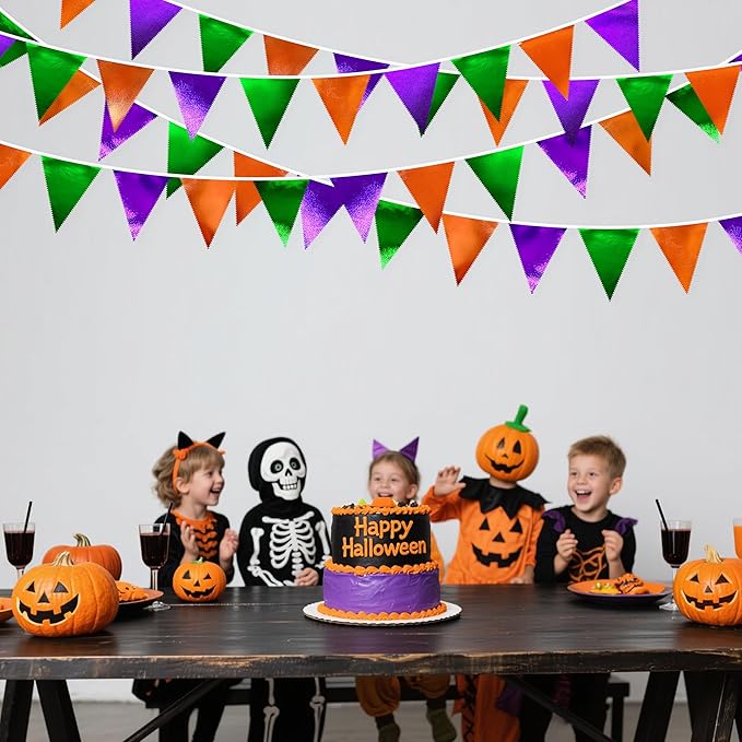 Halloween Party Decorations Metallic Fabric Green Orange Purple Triangle Pennant Banner Flag Bunting for Trick or Treat Spooky Hey Boo Happy Halloween Holiday Birthday Baby Shower Party Supplies