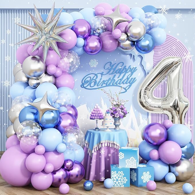Snow 4th Birthday Decorations Girl, Snowflake Balloon Garland Arch Kit, Laser Explosion Star Balloons, Silver Number 4 Balloon Tower for Baby Shower Girls 4th Snow Theme Party Supplies