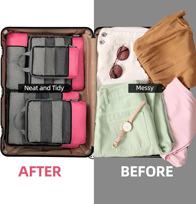 BAGAIL 4 Set/6 Set/8 Set Compression Packing Cubes Travel Accessories Expandable Packing Organizers (Half Mesh, 6-Coral)