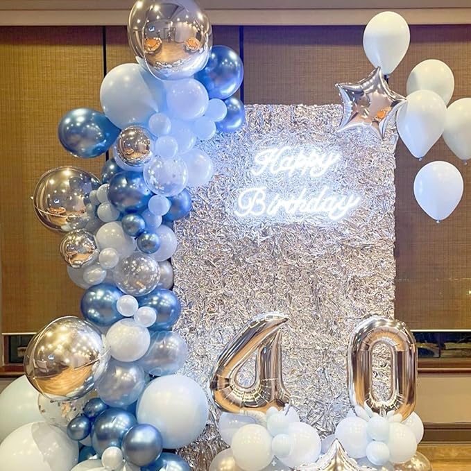 Blue and White Balloons, 60 Pcs 12 Inch Pastel Baby Blue Silver Latex Balloon with Metallic Confetti Balloons Graduation Balloon for Boys Birthday Baby Shower Christening Grad Party Decorations