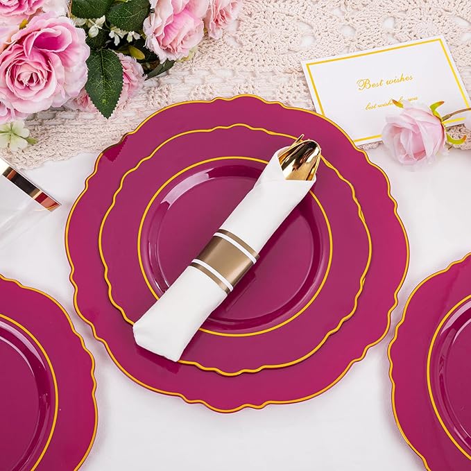 Liacere 350PCS Red Plastic Plates-Disposable Burgundy Red and Gold Plates 50guest Baroque Plastic Dinnerware include 100Plates, 50Pack Pre Rolled Napkins with Silverware 50Cups for Christmas