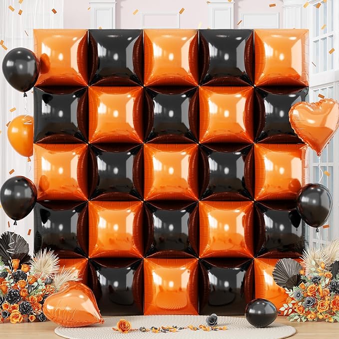 Black Orange Square Foil Balloons, 25PCS Double Sided Metallic Orange and Black Square Balloons Backdrop Wall Tunnel Arch Kit for Basketball Theme Boys Men Birthday Halloween Party Background Decor