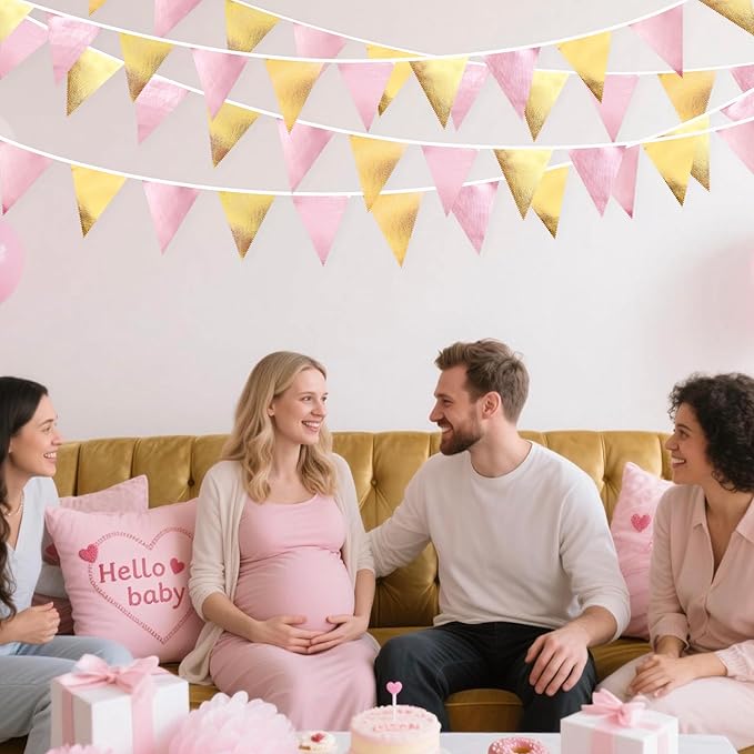 Pink Gold Party Decoration Metallic Fabric Light Pink Gold Triangle Pennant Banner Flag Bunting Garland for Women Girl Birthday Retirement Graduations Bridal Shower Wedding Baby Shower Party Supplies