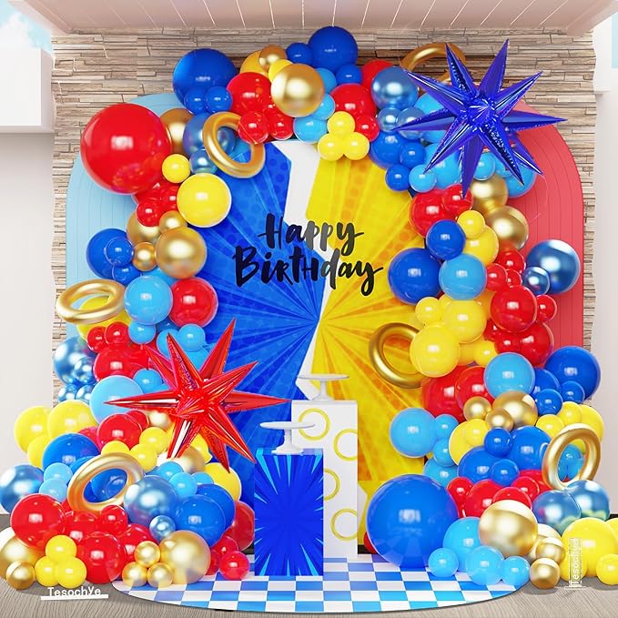 142 Pcs Cartoon Hedgehog Red Blue Yellow Balloon Arch Kit,Gold Circle Twisting Balloons with Exploding Star Foil Balloons for Video Game Theme Birthday Party Carnival Circus Baby Shower Decorations