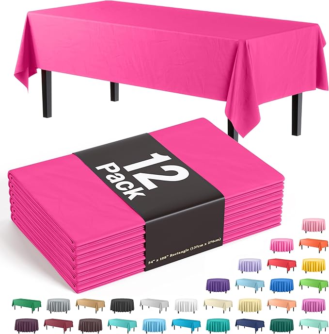 Exquisite 12-Pack Premium Plastic Tablecloth 54in. x 108in. Rectangle Table Cover - Cerise