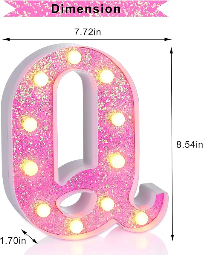 Foaky Pink Light up Letters，Pink Party Decorations,Girls Room Decor,Glitter Light Up Letters,Alphabet Letter Sign for Night Light Birthday Party Girls Gifts, Home Bar Decoration（Q）