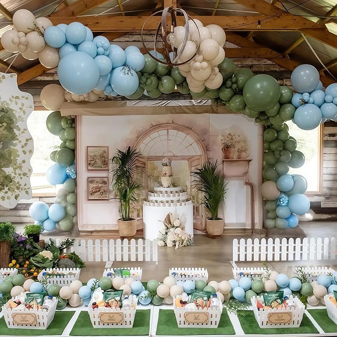 Sage Green and Blue Balloons, 35PCS Olive Green Dusty Blue Beige Cream Latex Balloon, Baby Boy Shower Balloons for Kids Rabbit Theme Baby Shower Birthday Boho Bridal Wedding Party Decorations Supplies