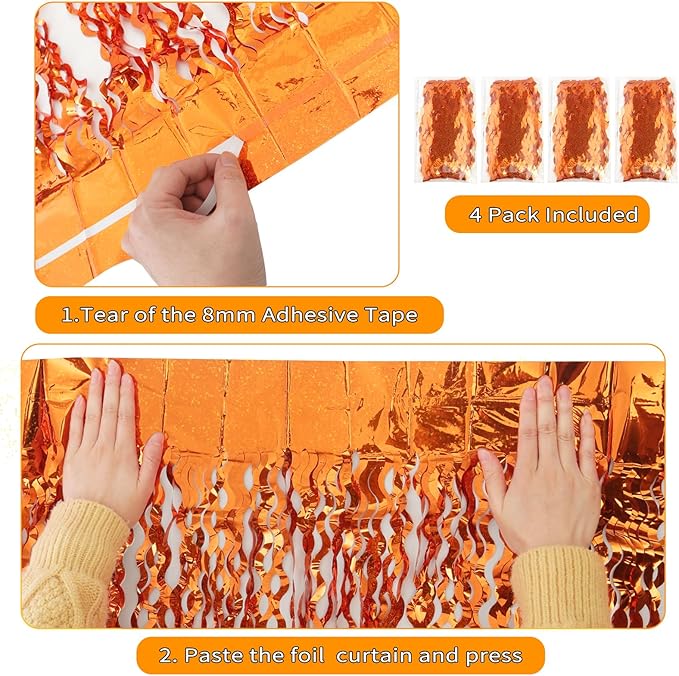 4 Pack Orange Wavy Metallic Tinsel Foil Fringe Curtains | 3.3 ft x 6.6 ft Party Streamer Backdrop Photo Booth for Orange Basketball Party Decorations Holloween Christmas