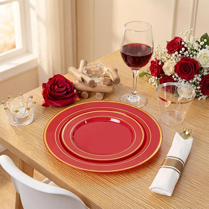 175 Pieces Red Plastic Plates with Gold Rim Include Dinner Plate 10? Dessert Plate 7? gold Cups 9 OZ, Pre Rolled Napkins 25 of each type for Wedding Baby Shower Spring Birthday