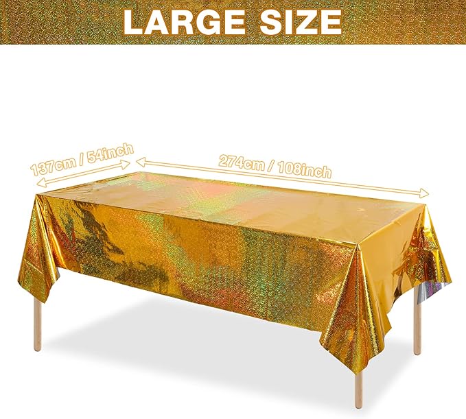 1 Pack Iridescence Plastic Tablecloths Shiny Disposable Laser Rectangle Table Covers Holographic Foil Tablecloth Iridescent Party Decoration Birthday Bridal Wedding Christmas 54" x 108" (Gold)