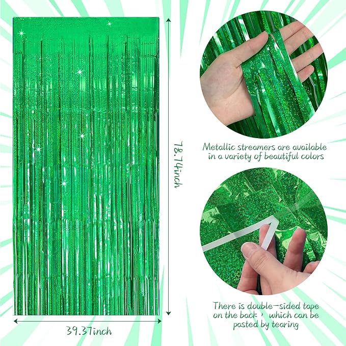 Tinsel Curtain Backdrop Green Birthday Party Decorations 2 Packs Glitter Foil Fringe Curtain Decor Streamers Photo Booth for Christmas Wedding Halloween Graduation