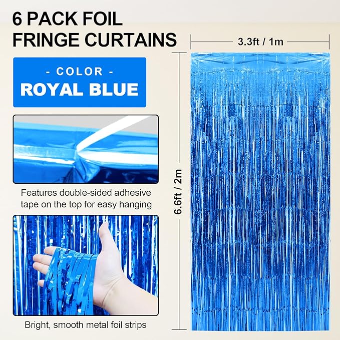 Homiest 6 Pack Royal Blue Tinsel Backdrop, 3.3x6.6 FT Metallic Tinsel Foil Fringe Curtains Party Decorations, Birthday Door Streamers for Baby Shower Wedding, Photo Booth Props Background Wall Decor