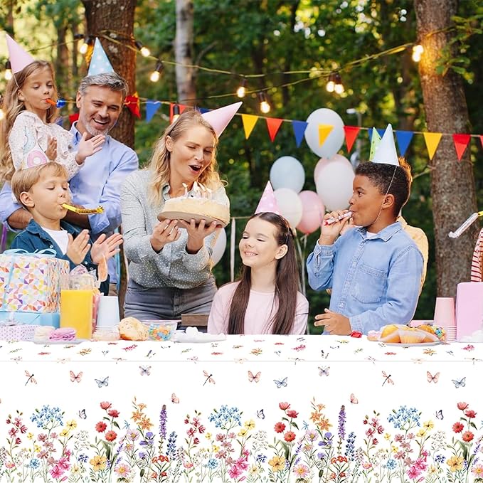 2 Pcs Wildflower Tablecloth Spring Summer Floral Table Cover for Butterfly Wildflowers Theme Picnic Dining Holiday Weeding Baby Shower Birthday Tea Party Table Supplies Decorations