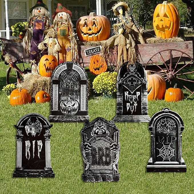 15.5“x23.6 Large Halloween Tombstones Outdoor Decor: Devil, Pumpkin, Bat, Spider, 5pcs Waterproof Safe Material Yard Signs, Halloween Gravestones for Home, Party, Cemetery Decor