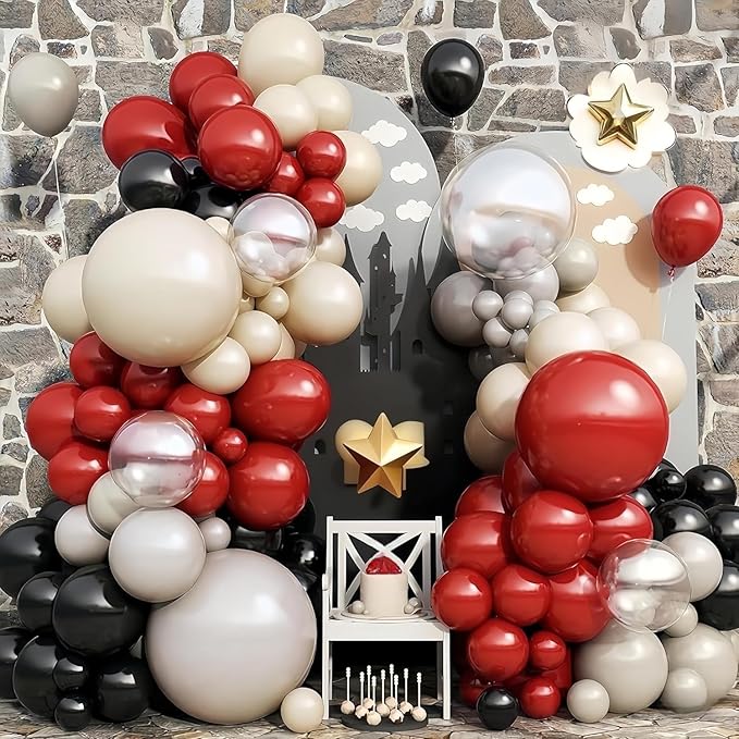 Ruby Red and Black Balloons Arch Kit, 124 Pcs Cartoon Birthday Decorations Balloon Garland, Black Dark Red Grey Nude Clear Balloons for Mouse 1st Birthday Clubhouse Decorations Party Supplies