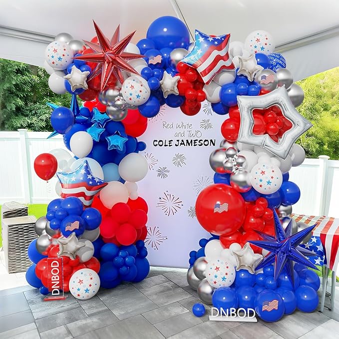147Pcs Red White and Blue Independence Day Balloon Garland Arch Kit,with Explosion Star,Flag Foil Balloons for 4th of July Patriotic Memorial Veterans Baseball Nautical Birthday Party Decorations