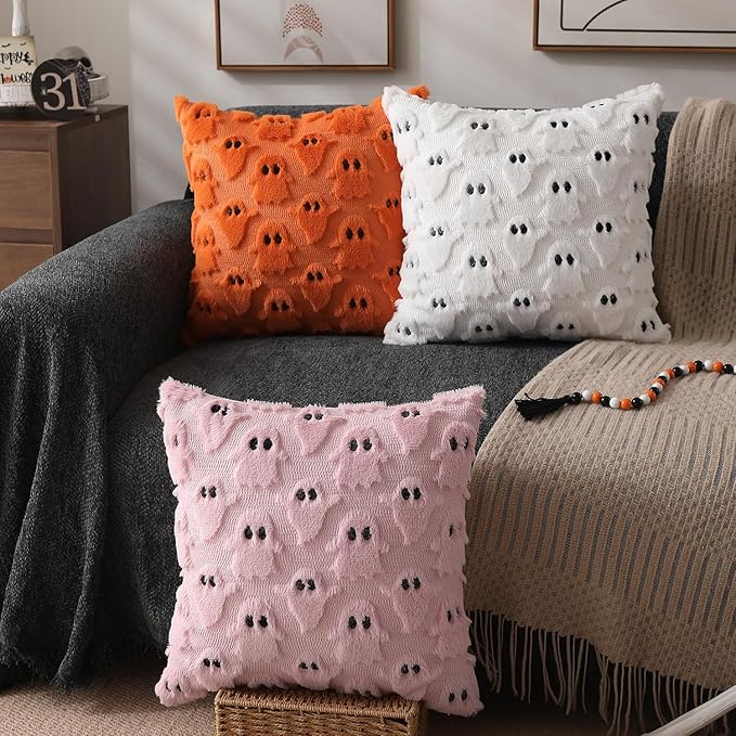 DFXSZ Halloween Pillow Covers 18x18 inch Set of 2 Orange Ghost Throw Pillow Cases Soft Plush Faux Fur Wool Couch Cushion Case for Chair Sofa Bedroom Living Room Home Decor PTK03C18