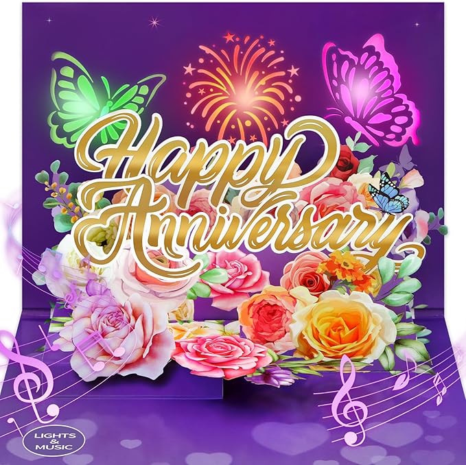 FaCraft Anniversary Card - 3D Pop Up Happy Anniversary Cards for Wife Husband, Music & Light Wedding Anniversary Card for Him Her, with Blank Insert Envelope and Seal (Roses Butterflies Theme)