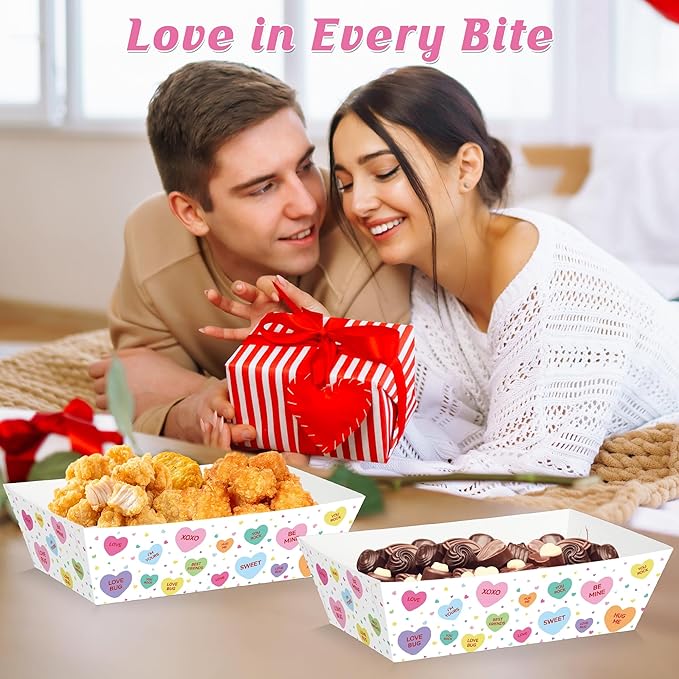 50 Pcs Valentines Paper Food Trays, Disposable Conversation Heart Serving Tray Valentine's Decorations, Love Holder Snack Food Boats, Popcorn Hot Dog Container for Wedding Birthday Party Supplies