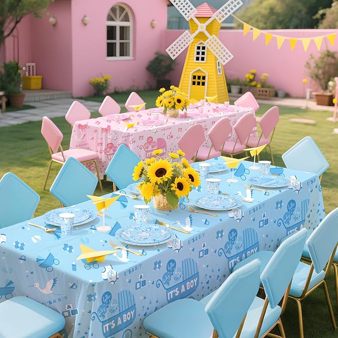 Baby Gender Reveal Decorations for 24 Guests - Boy or Girl Decorations Kit Including Disposable Plates, Napkins, Cups, Tablecloth & Banner for Baby Shower Party Decorations